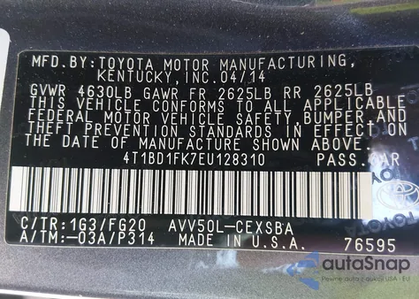 2014 Toyota Camry Hybrid Se Limited Edition z USA, uszkodzony, nr VIN 4T1BD1FK7EU128310